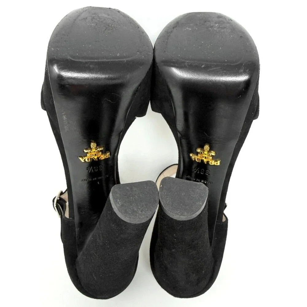 Prada Black‎ Suede Platform Sandals Ankle Strap Heels 38.5